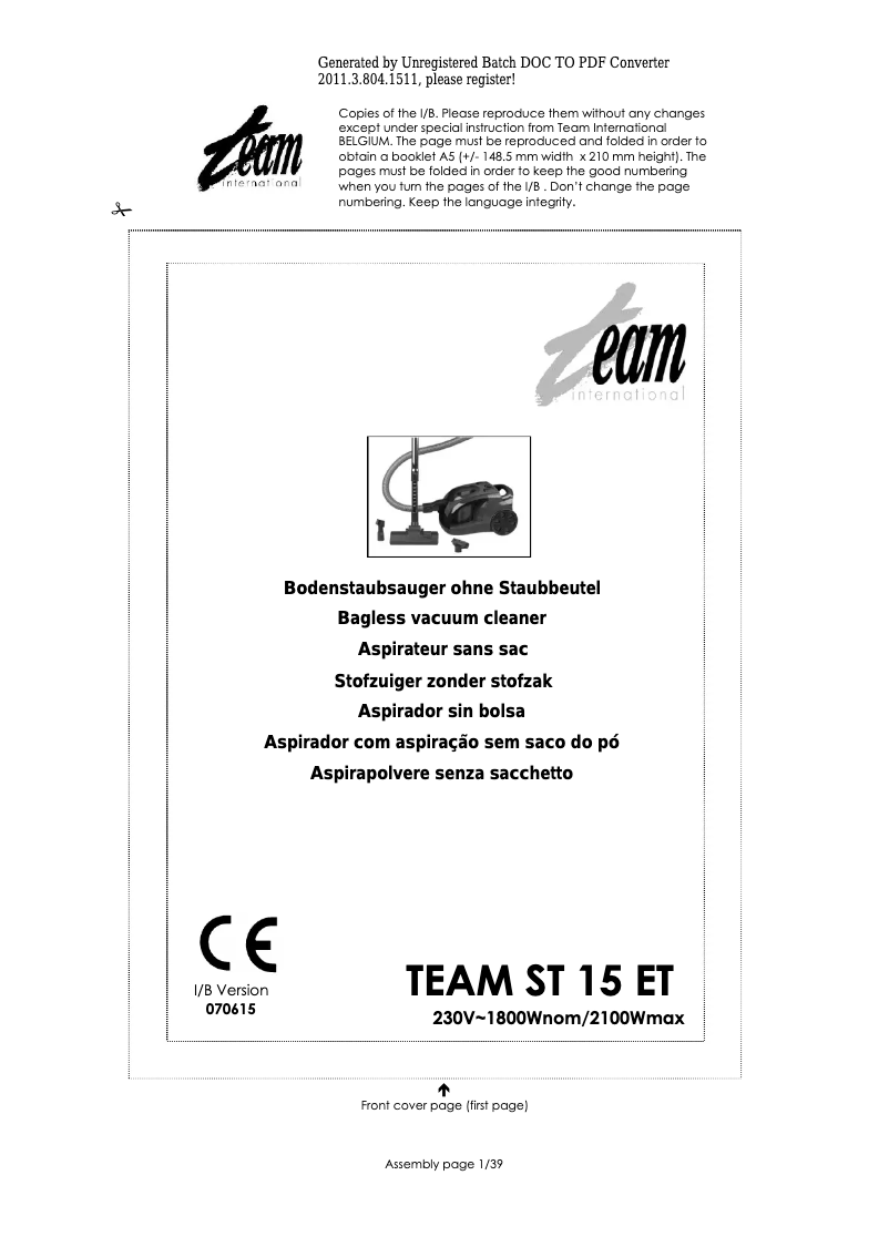 Page 1 de la notice Manuel utilisateur Team ST 15 ET