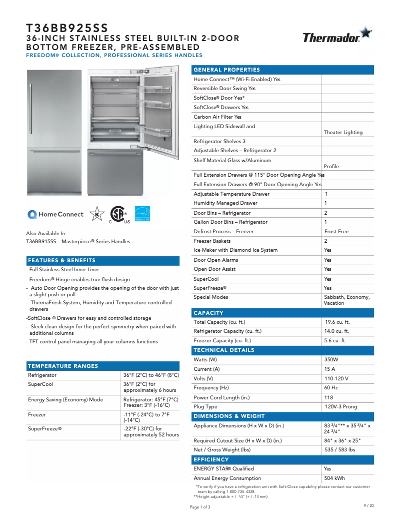 Page 1 de la notice Fiche technique Thermador T36BB925SS