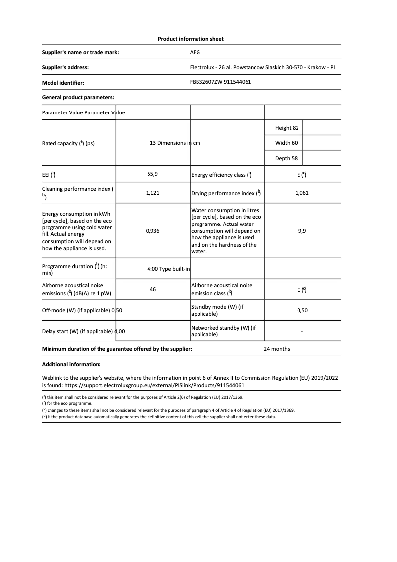 Page 1 de la notice Fiche technique AEG FBB32607ZW