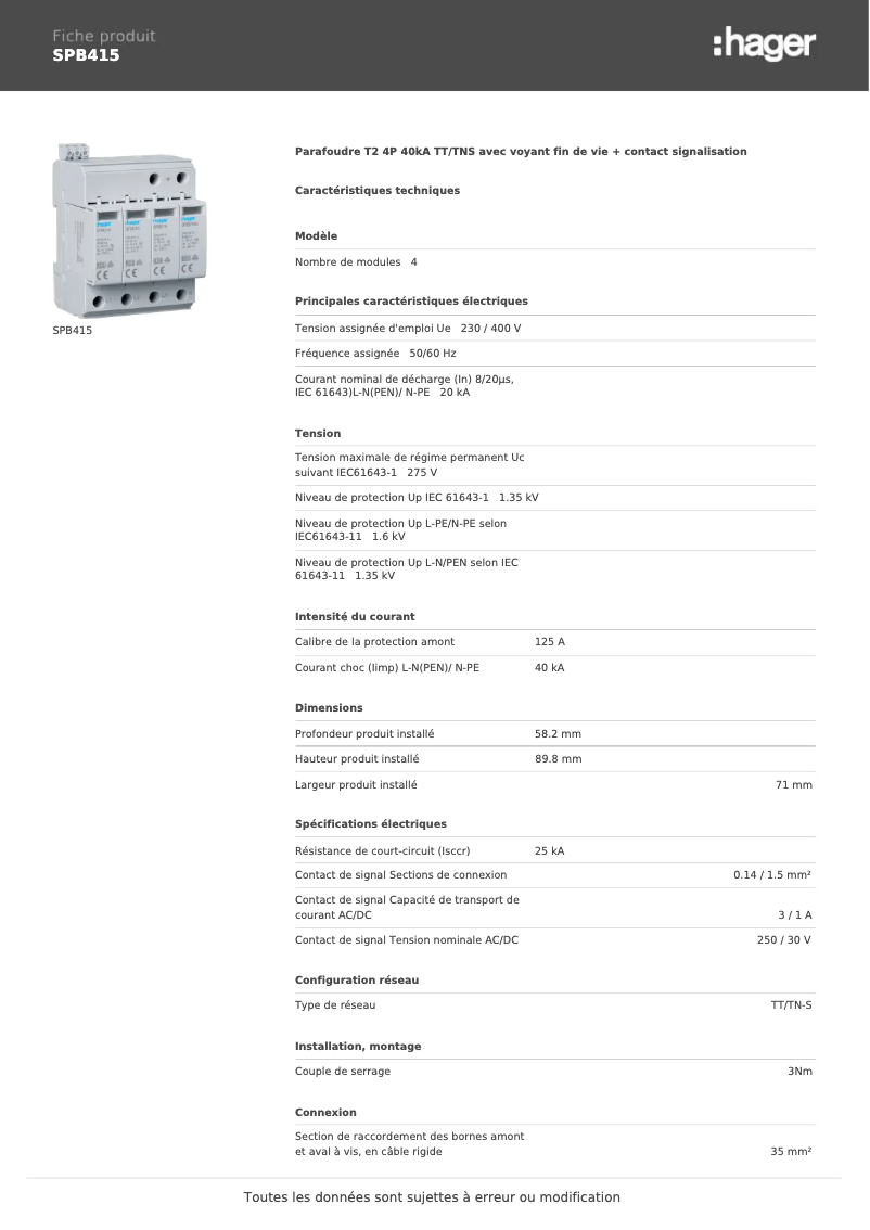 Page 1 de la notice Manuel utilisateur Hager SPB415