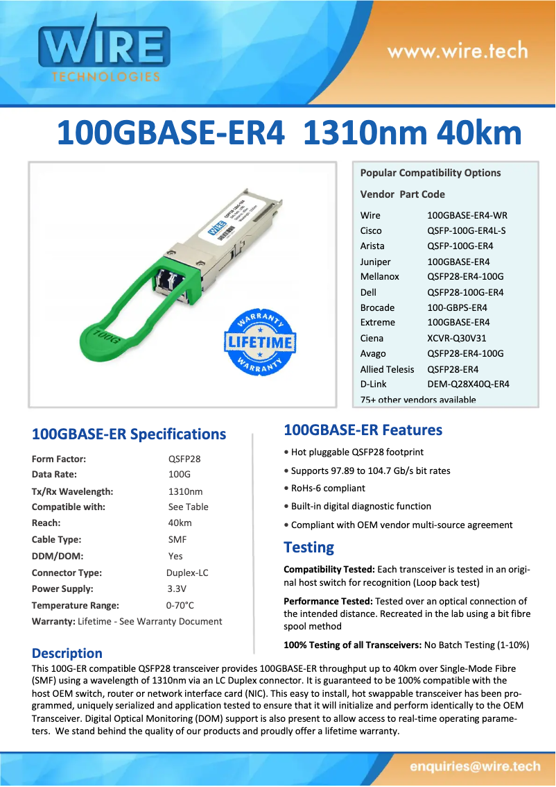 Page 1 de la notice Manuel utilisateur Wire Technologies 100 GBPS-ER4-WR