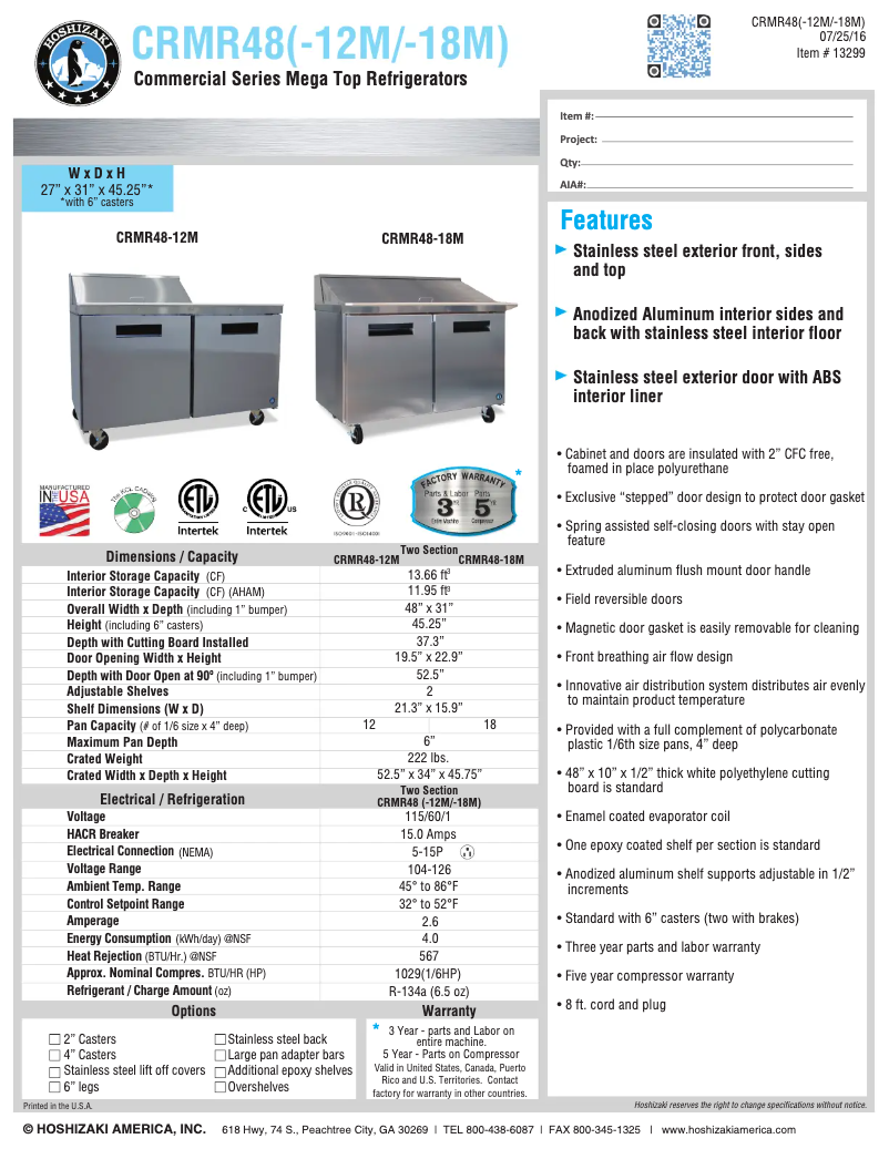 Page n°1 - Fiche technique Hoshizaki CRMR48-18M