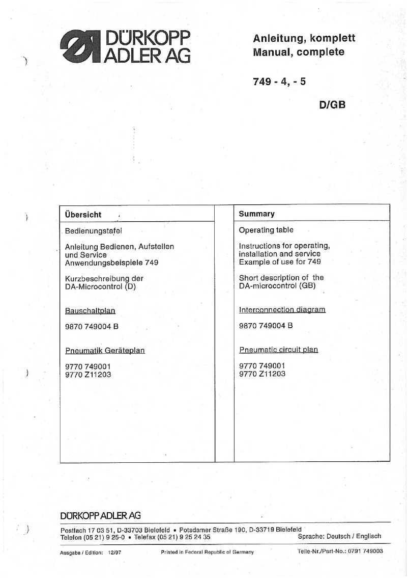 Page 1 de la notice Manuel utilisateur Dürkopp Adler 749-5