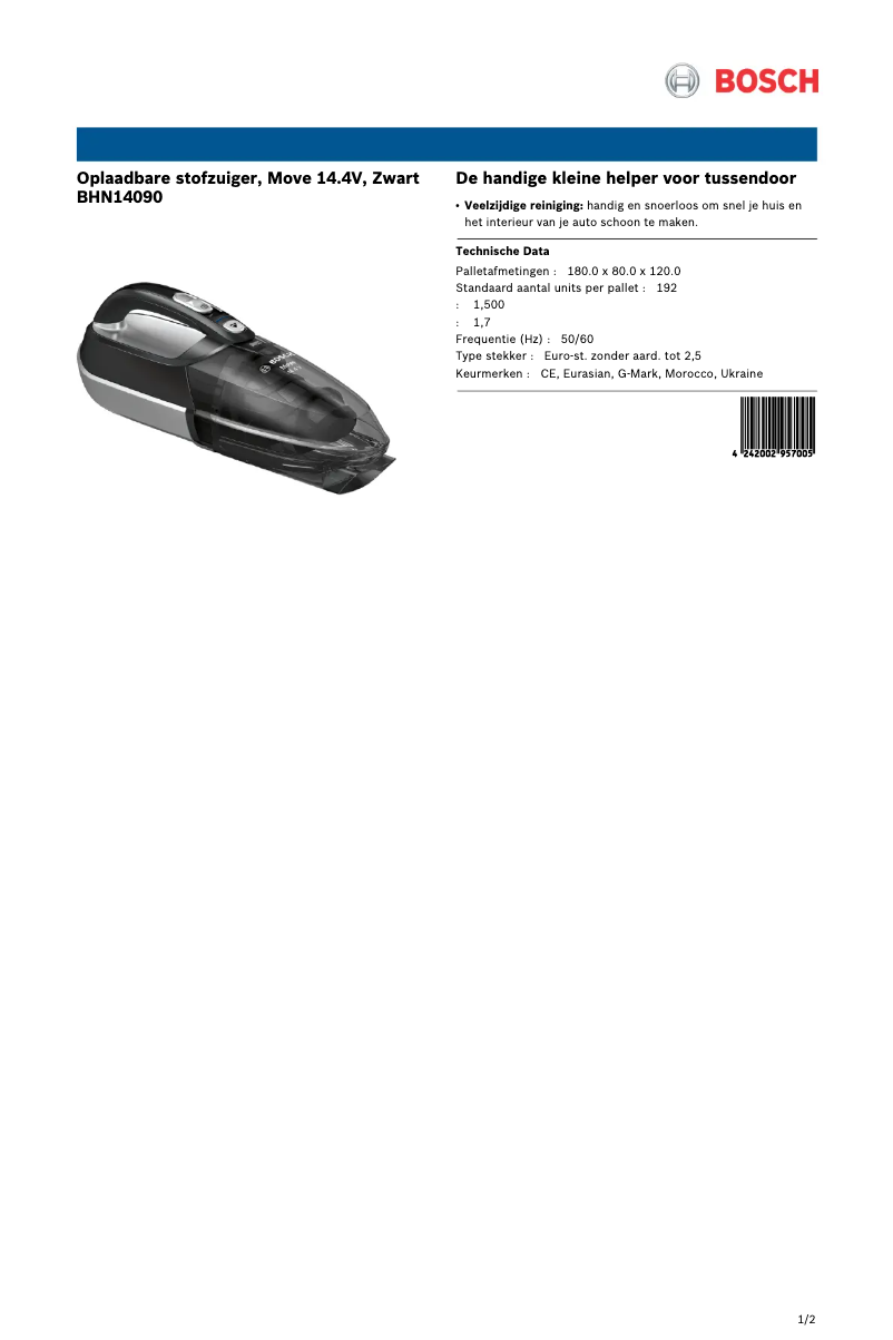 Page 1 de la notice Fiche technique Bosch BHN14090