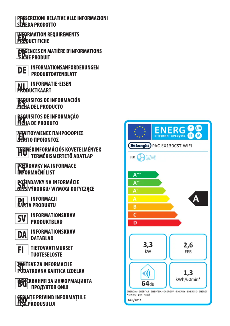 Page 1 de la notice Fiche technique DeLonghi Pinguino Care4Me PAC EX130 CST WIFI