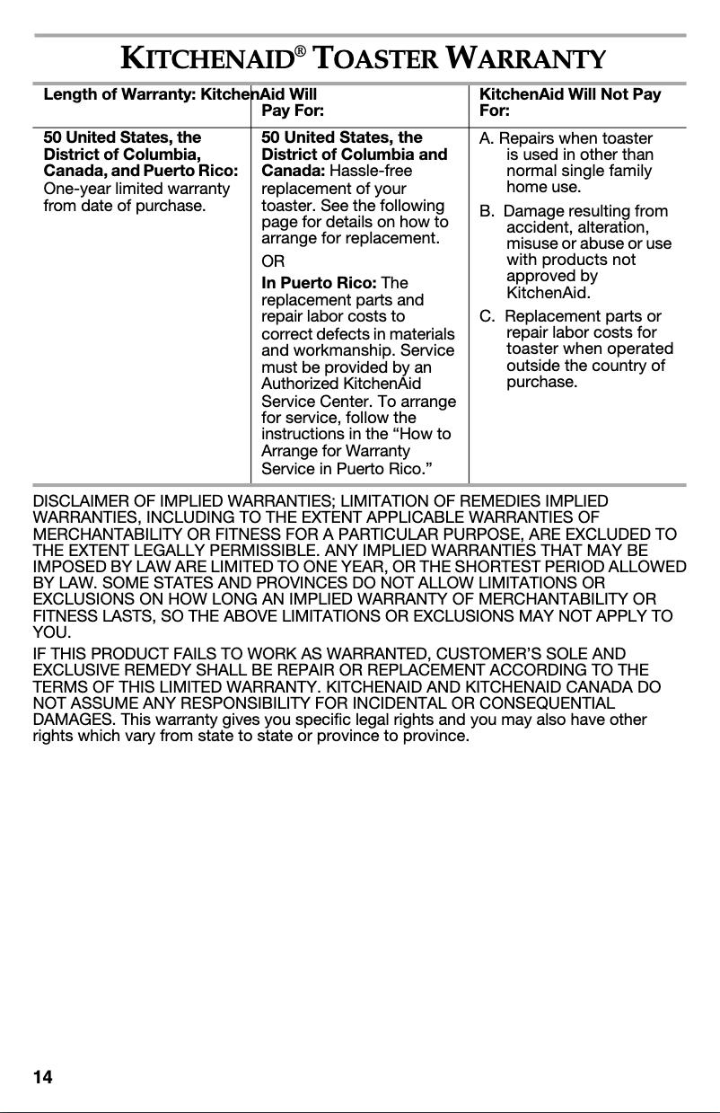 Page 1 de la notice Informations de garantie KitchenAid KMT4115CU