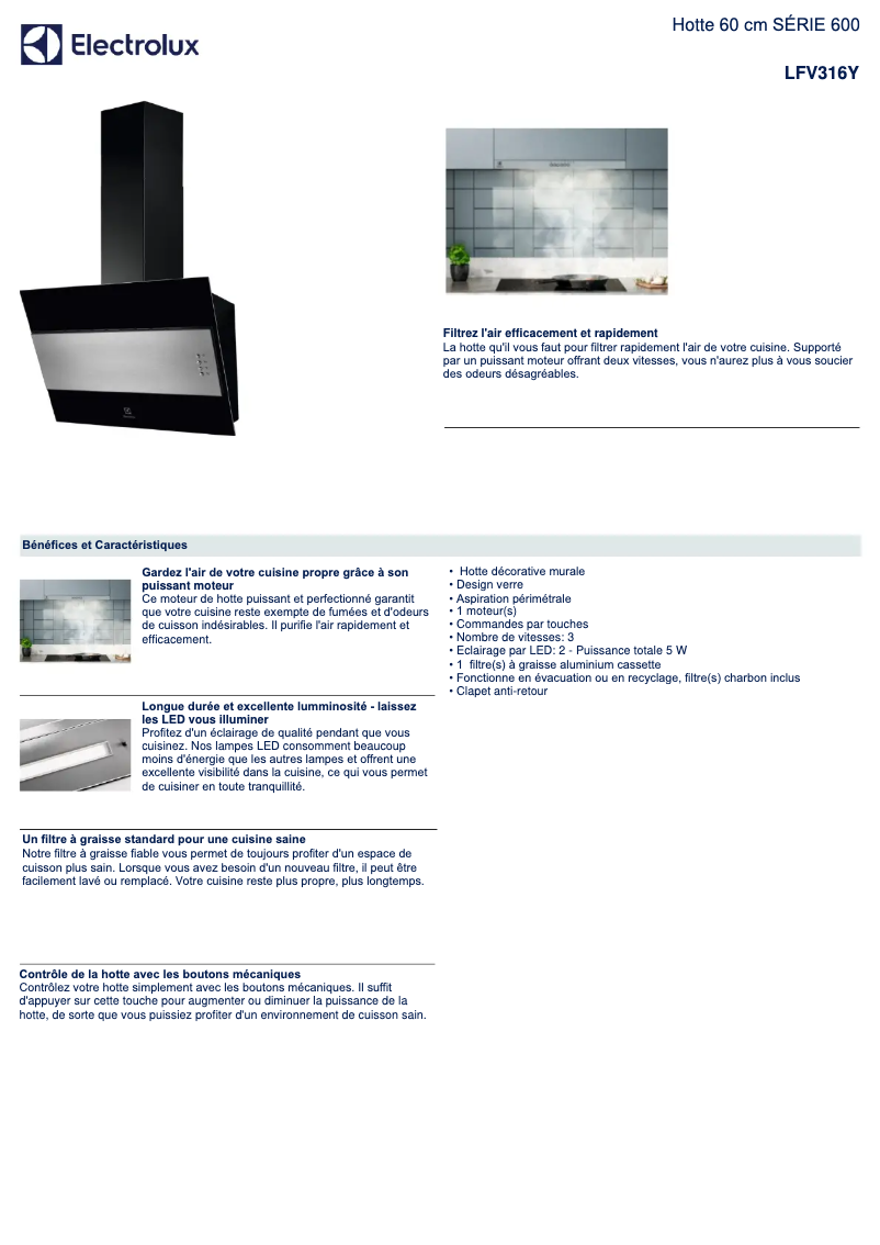 Page 1 de la notice Fiche technique Electrolux LFV316Y