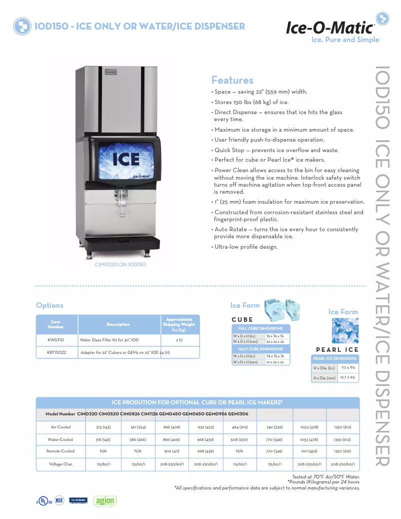 Page 1 de la notice Fiche technique Ice-O-Matic IOD150