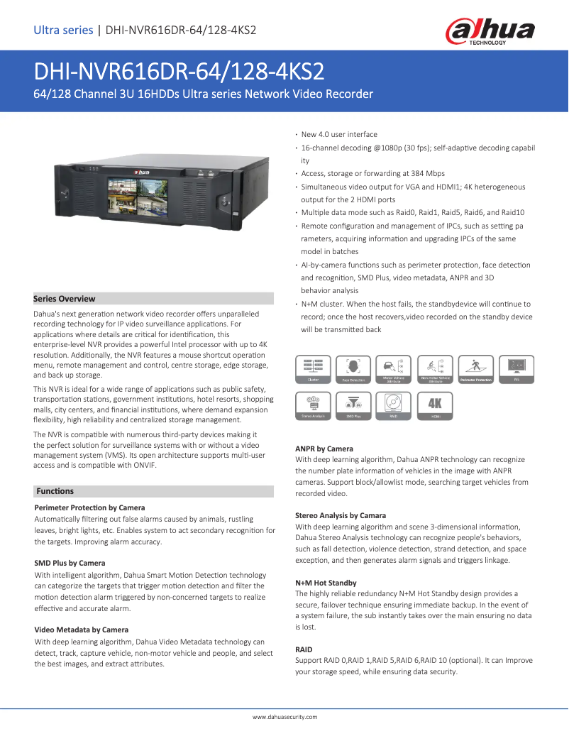 Page 1 de la notice Fiche technique Dahua Technology NVR616DR-64/128-4KS2