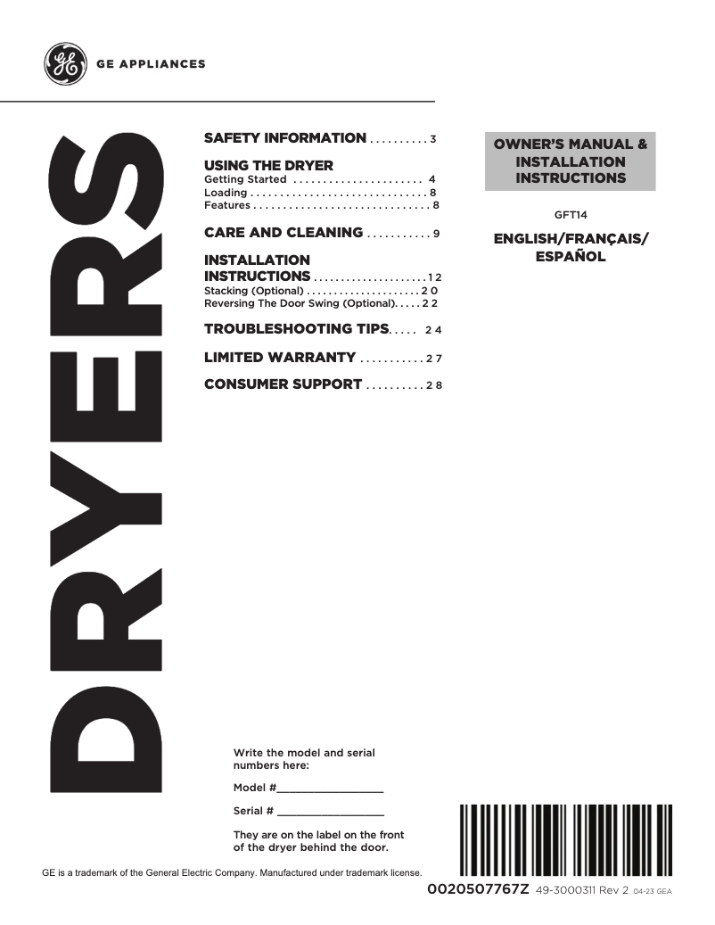 Image de la première page du manuel de l'appareil GFT14ESSMWW