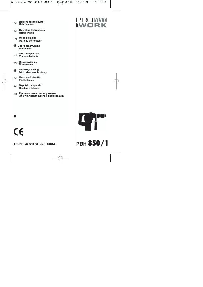 Page n°1 - Manuel utilisateur Prowork PBH 850/1