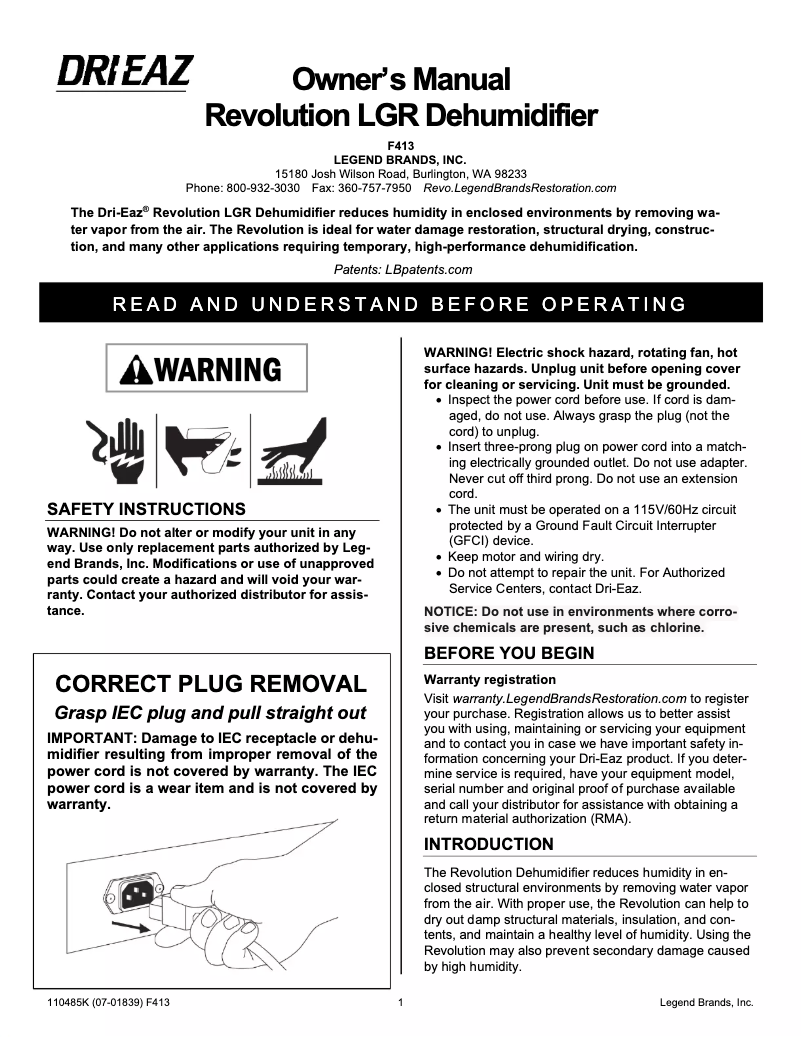 Page 1 de la notice Manuel utilisateur Dri Eaz Revolution LGR