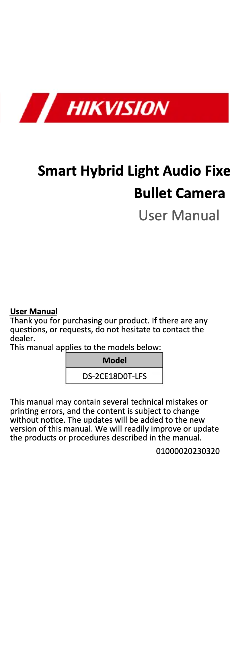 Page 1 de la notice Manuel utilisateur Hikvision DS-2CE18D0T-LFS