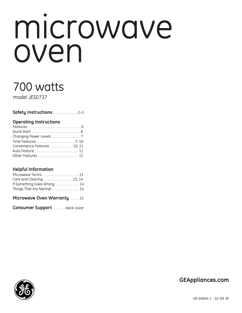 Page 1 de la notice Manuel d'utilisation et d'entretien GE JES0737DNBB