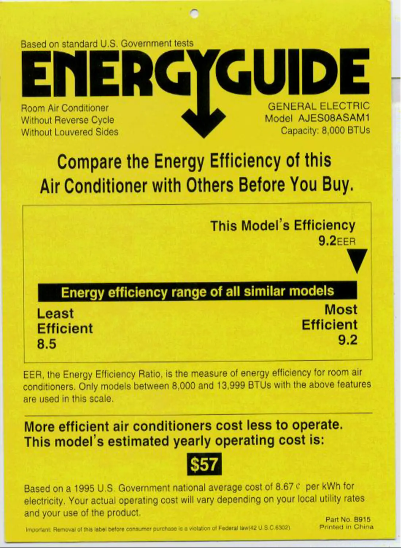 Page 1 de la notice Label énergétique GE AJES08ASA