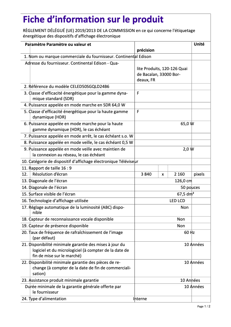 Page 1 de la notice Label énergétique Continental Edison CELED50SGQLD24B6