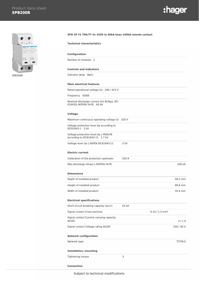 Page 1 de la notice Fiche technique Hager SPB200R