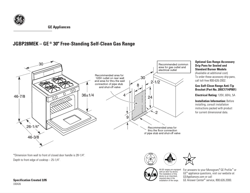 Page n°1 - Fiche technique GE JGBP28MEKBS