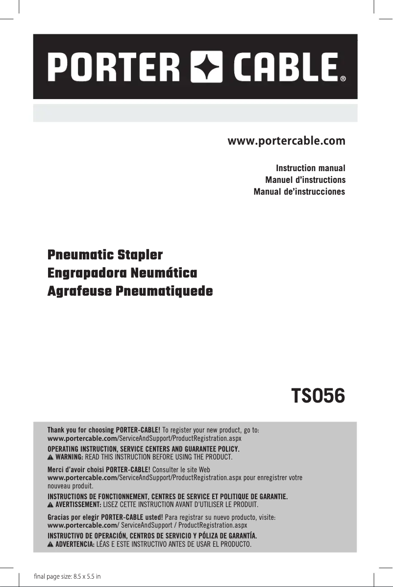 Page 1 de la notice Manuel utilisateur Porter-Cable TS056