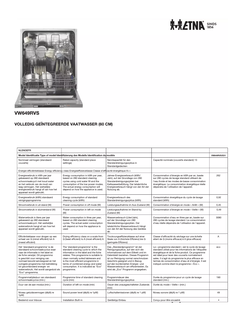 Page 1 de la notice Fiche technique Etna VW649RVS