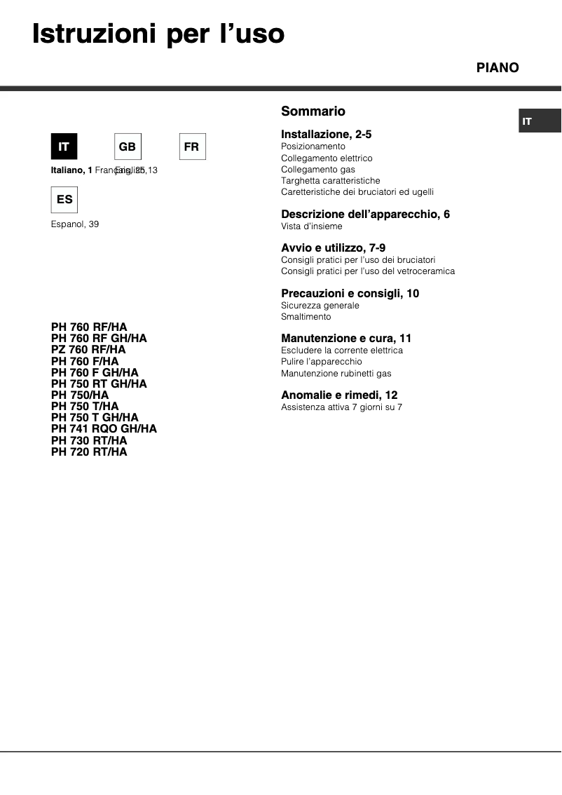 Page n°1 - Manuel utilisateur Hotpoint Ariston PH 750 T (TF)/HA
