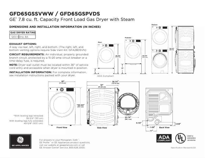 Page n°1 - Fiche technique GE GFD65GSPVDS