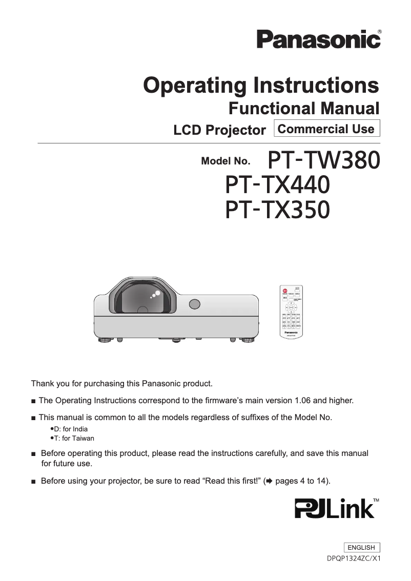 Page n°1 - Manuel utilisateur Panasonic PT-TW380
