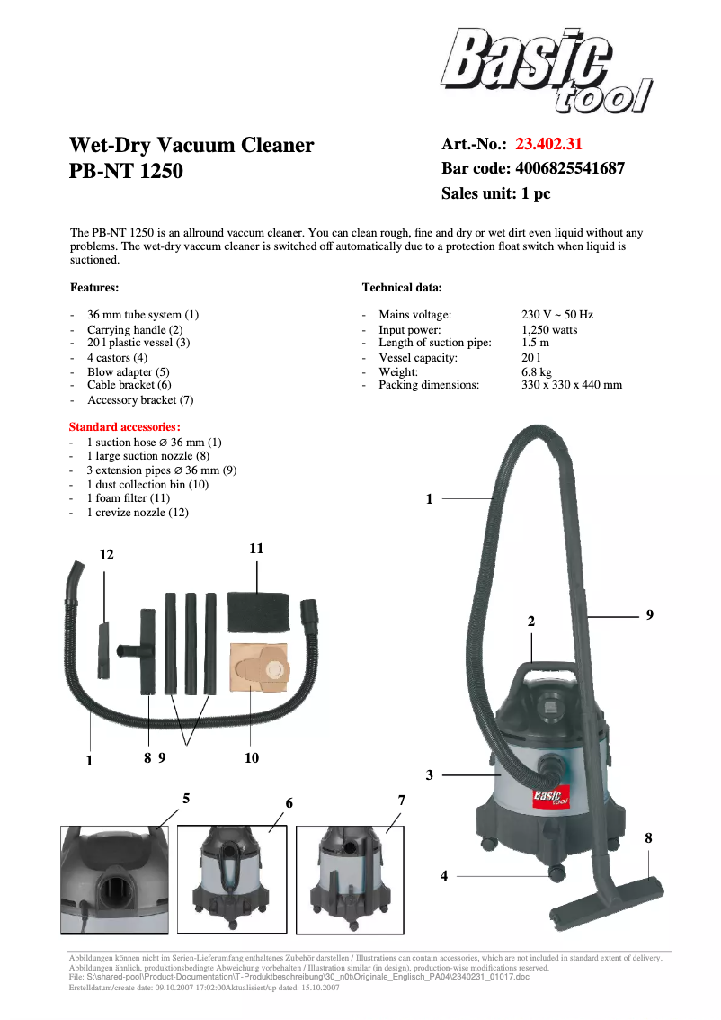 Page 1 de la notice Manuel utilisateur Basic tool PB-NT 1250