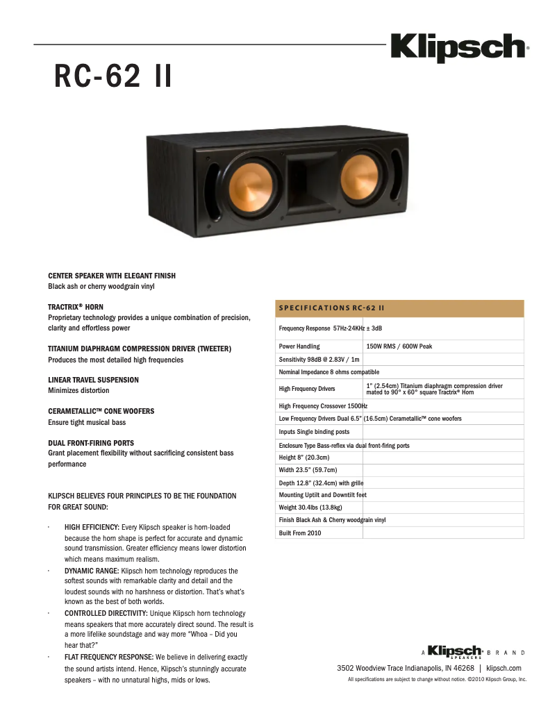 Página 1 del manual Ficha técnica Klipsch RC-62 II