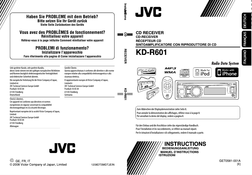 Page 1 de la notice Manuel utilisateur JVC KD-R601