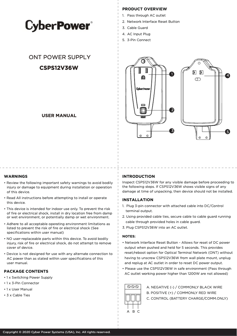 Page 1 de la notice Fiche technique CyberPower CSPS12V36W