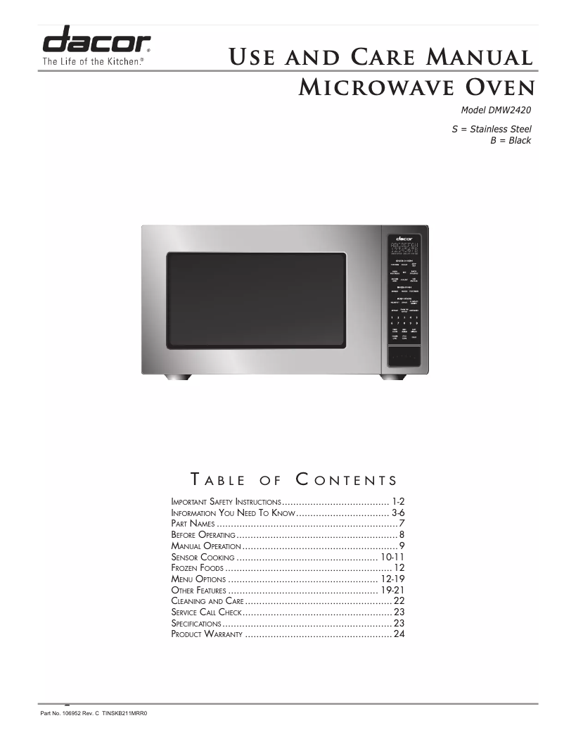 Page 1 de la notice Manuel utilisateur Dacor DMW2420S