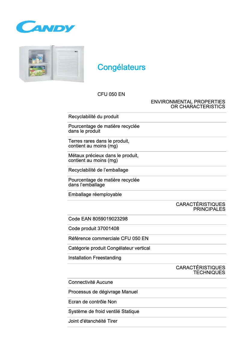 Page 1 de la notice Fiche technique Candy CFU 050 EN