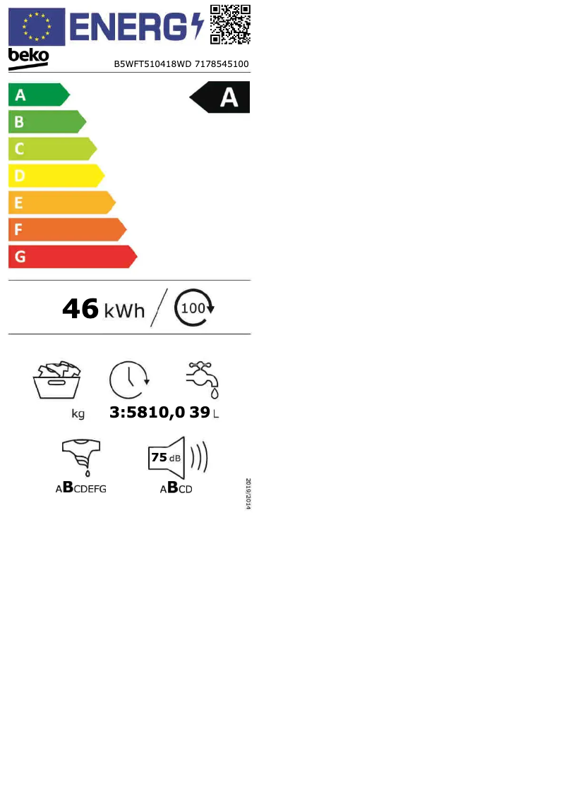 Page 1 de la notice Label énergétique Beko B5WFT510418WD