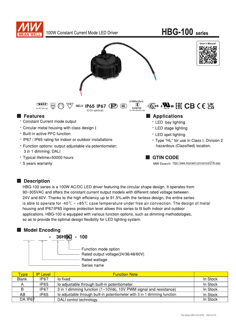 Page 1 de la notice Manuel utilisateur Mean Well HBG-100-36A