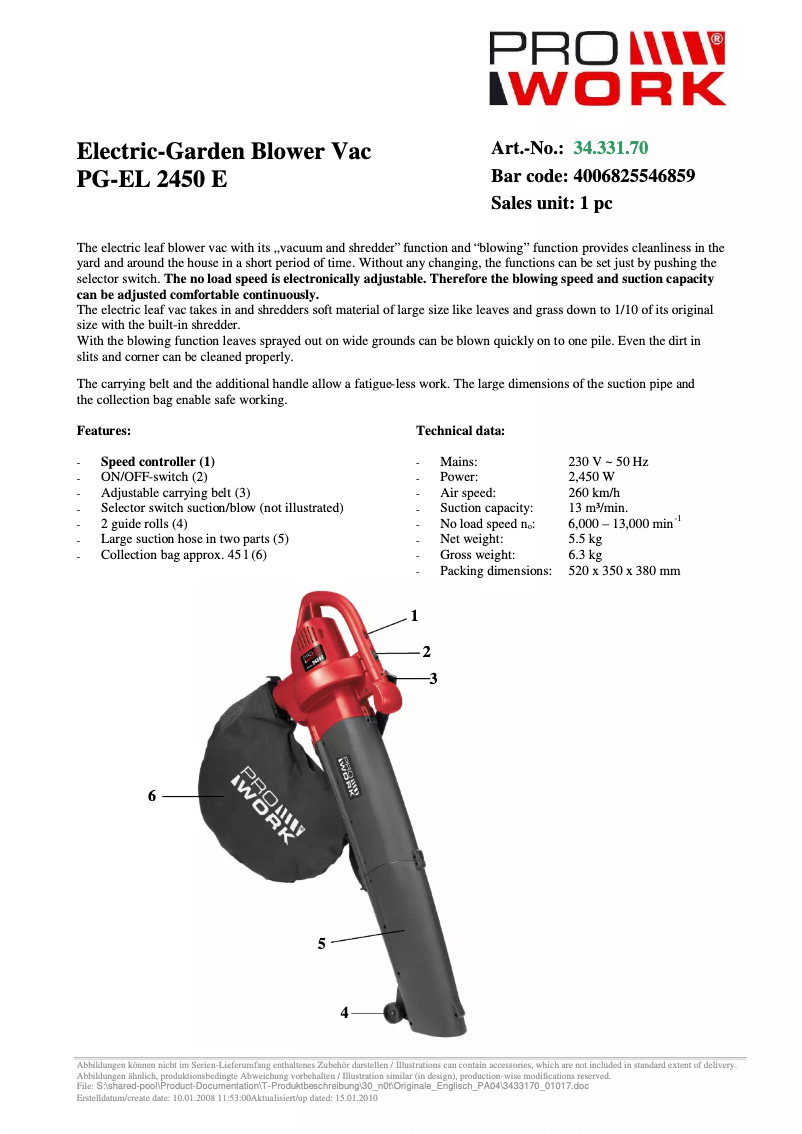 Page n°1 - Manuel utilisateur Prowork PG-EL 2450 E
