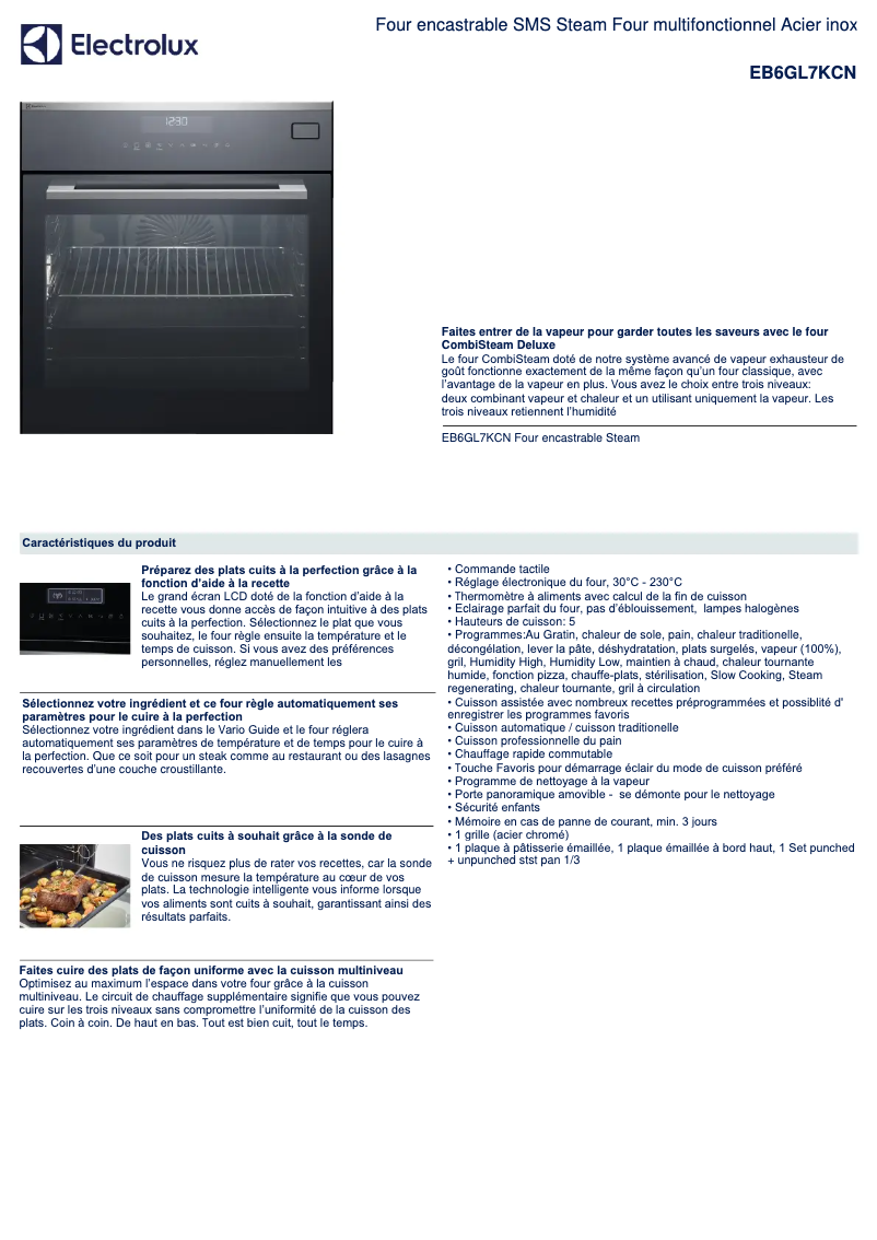 Page 1 de la notice Fiche technique Electrolux EB6GL7KCN