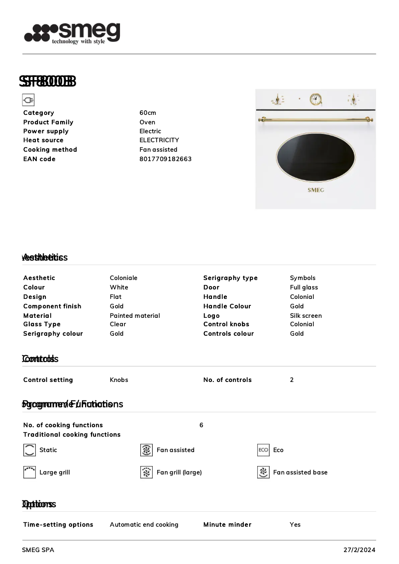 Page 1 de la notice Fiche technique Smeg SF800B