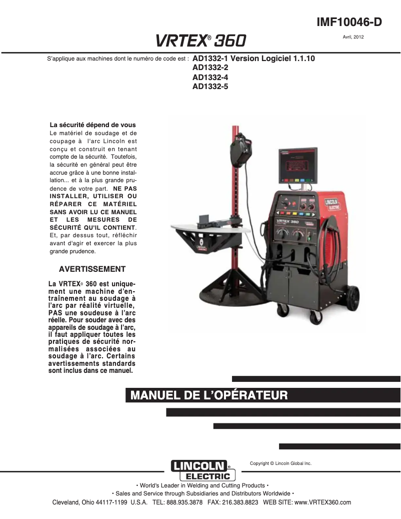Page 1 de la notice Manuel utilisateur Lincoln Electric VRTEX 360