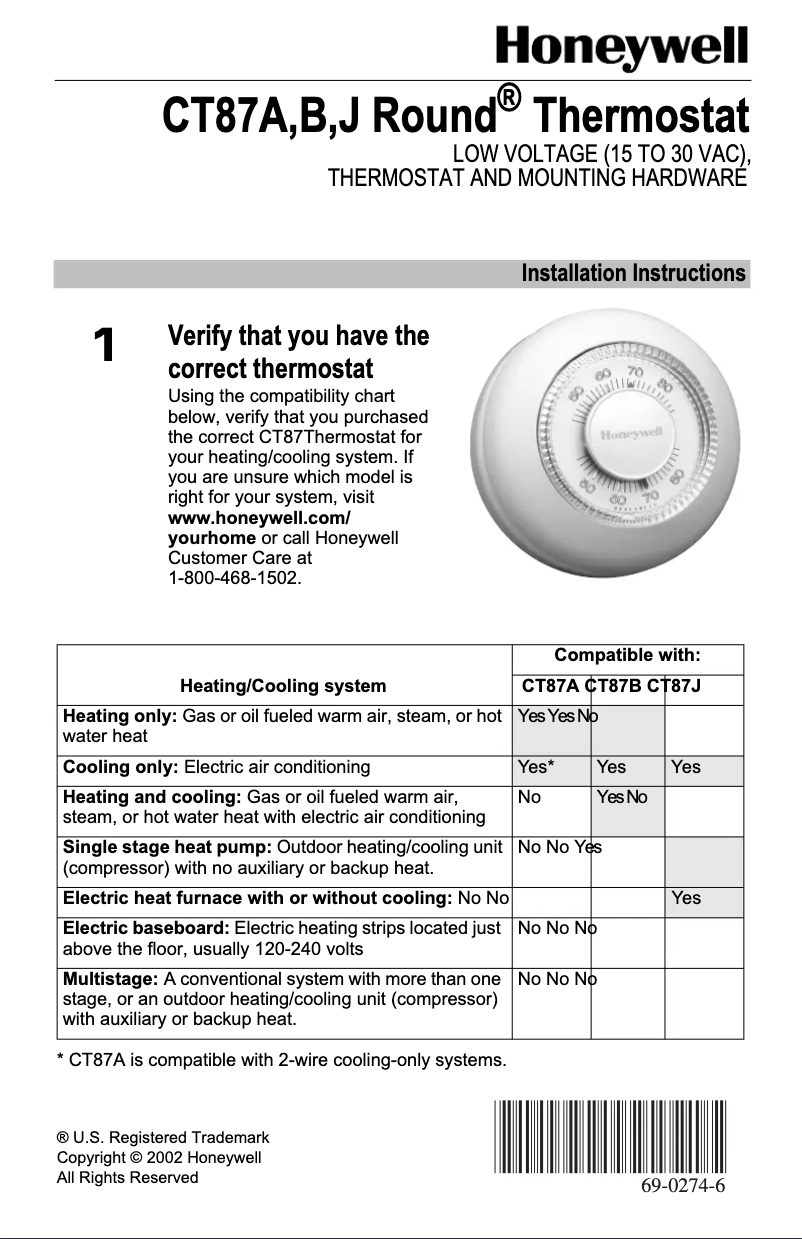 Page 1 de la notice Manuel utilisateur Honeywell CT87J