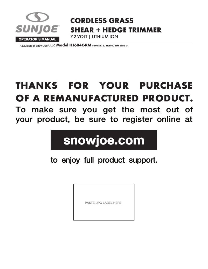 Page n°1 - Manuel utilisateur Sun Joe HJ604C-SJB-RM