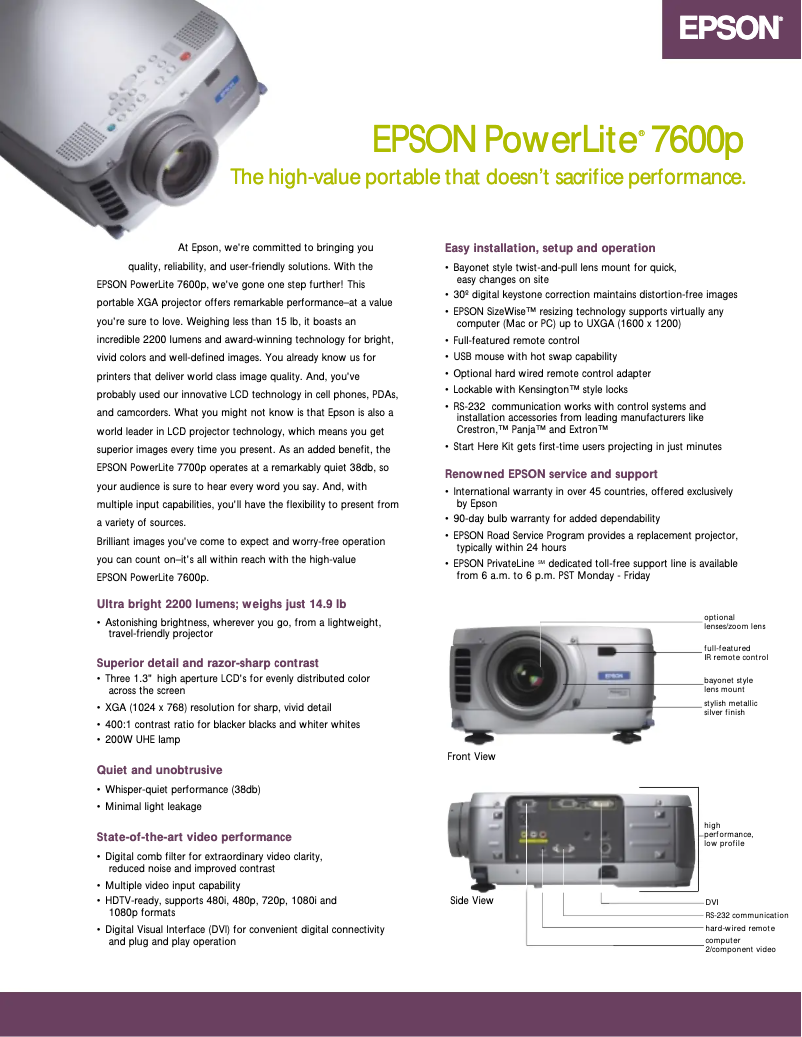 Page 1 de la notice Brochure Epson PowerLite 7600p