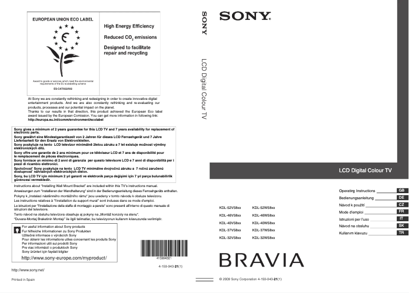 Page 1 de la notice Manuel utilisateur Sony Bravia KDL-46V5800