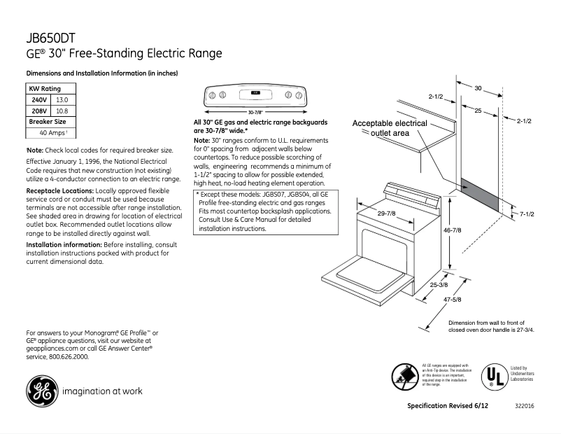 Page n°1 - Fiche technique GE JB650DTWW