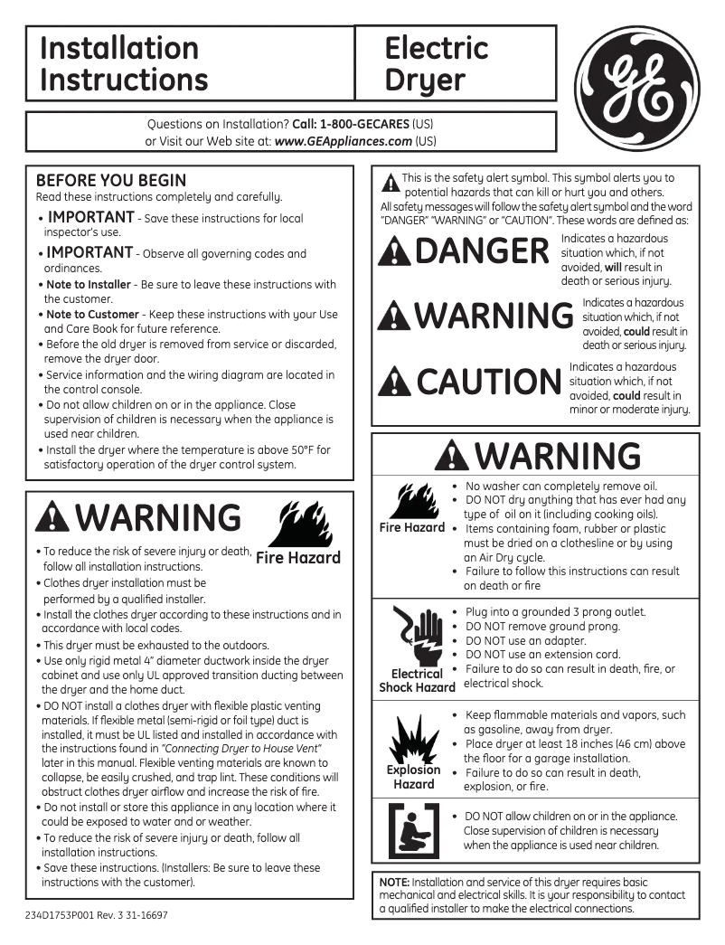 Page 1 de la notice Guide d'installation GE GTDP740EDWW