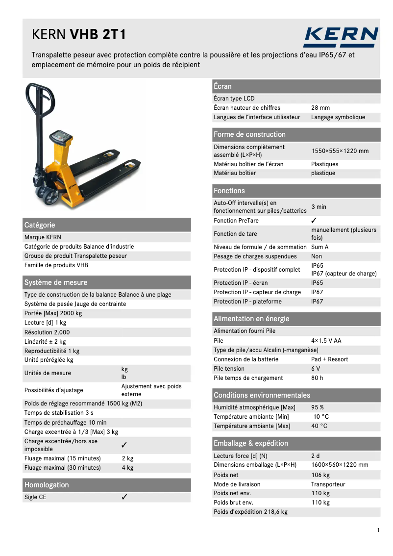 Page 1 de la notice Fiche technique Kern VHB 2T1