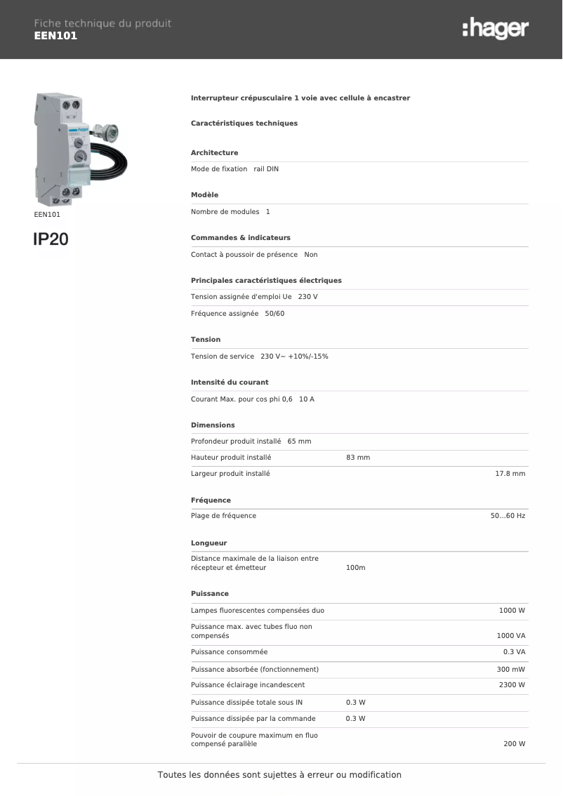 Page n°1 - Fiche technique Hager EEN101