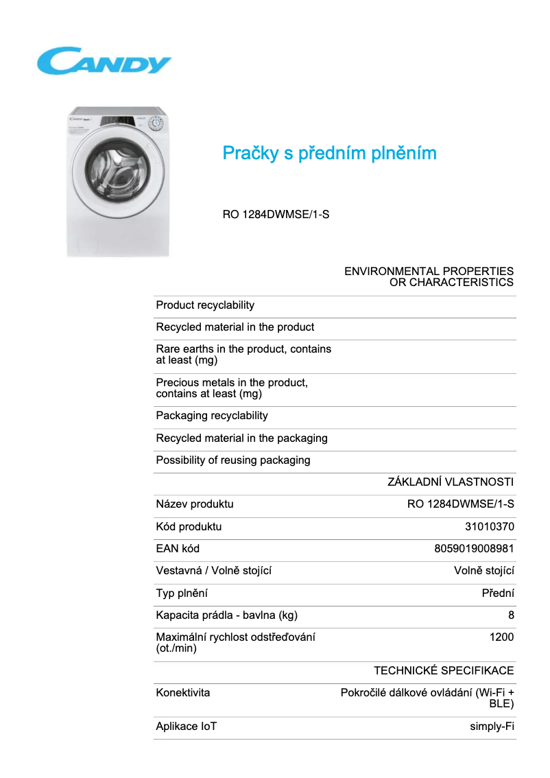 Page 1 de la notice Fiche technique Candy RO 1284DWMSE/1-S