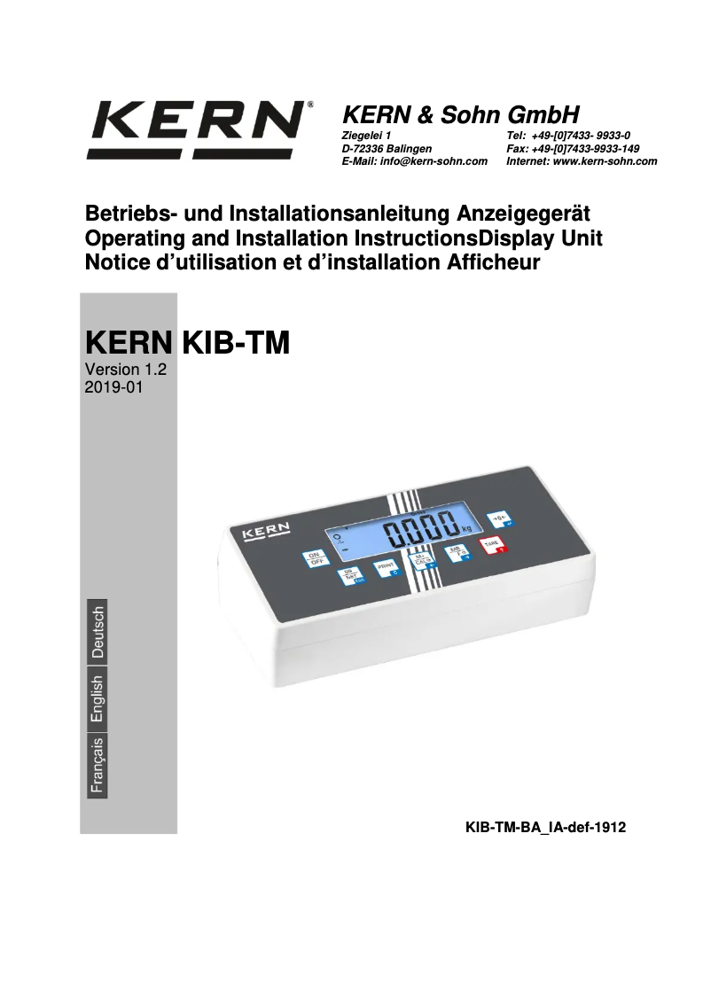 Page n°1 - Manuel utilisateur Kern BID 1T-4LM