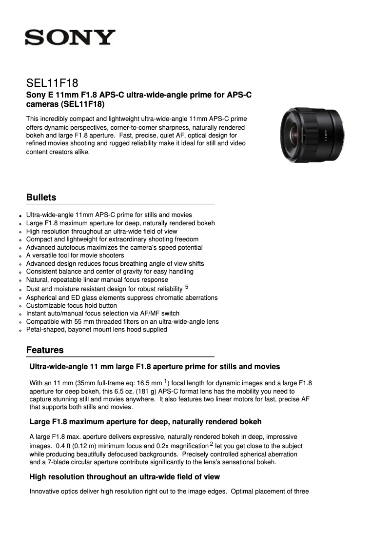 Page 1 de la notice Fiche technique Sony E 11mm SEL11F18